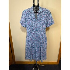 Vintage Shelton Stroller Floral Shirt Dress Blue Pink Zip Front Mid Length 14.5